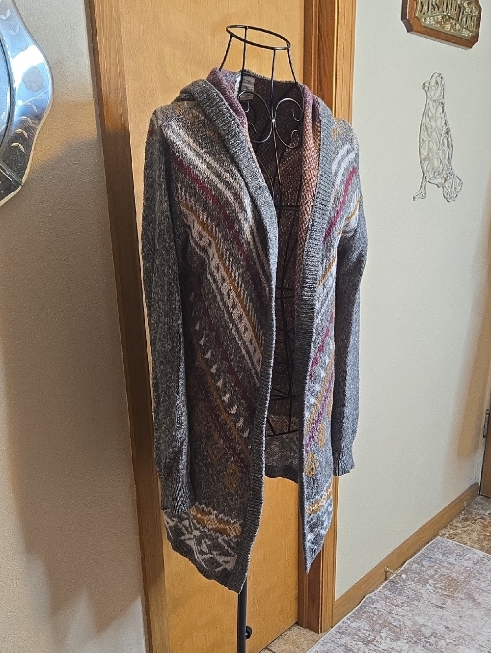 Hippie Rose Gray Hooded Knit Cardigan with Mustard & Burgundy Accents